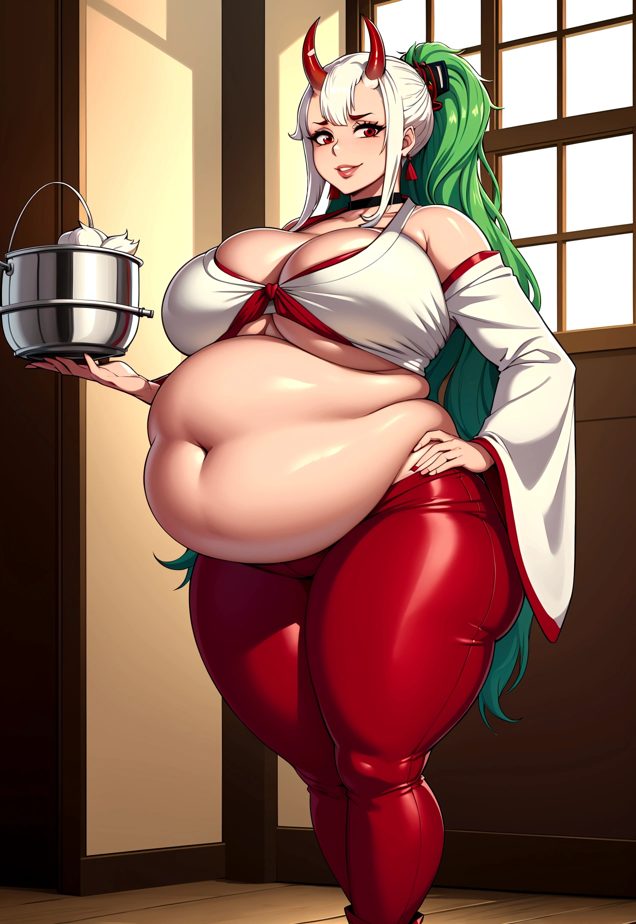 ((high aesthetic)), absurdres, absurd resolution, highly rated, highres, art by kipteitei, high resolution, best quality, masterpiece, full body, (facing viewer), 1girl, ((solo)), indoors, clothed, perfect face, perfect eyes, neneneji, tight outfit, smile, natural skin texture, 4k textures, hdr, intricate, highly detailed, puffy lips, thick lips, hyperdetailed, mature female, yamato\(one piece\), multicolored hair, white hair, green hair, oni horn , red horns, two red horns, long hair, red eyes, , white kimono top, red bottoms, pants, plump(wide hips, pot belly, thick thighs, huge breasts, gigantic belly),huge ass, fat, obese, belly heavy
