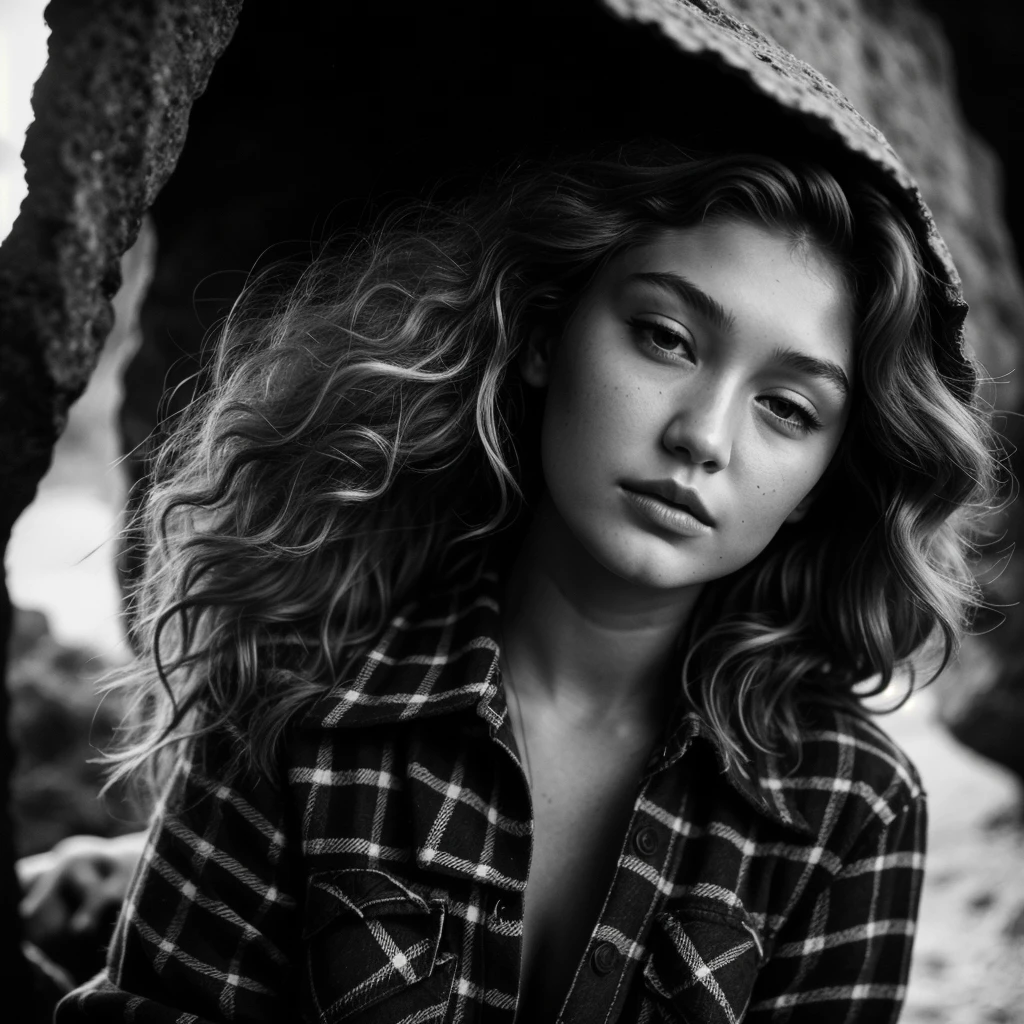 photograph of gigi hadid troubled facial expression), textured skin, goosebumps, blonde afro hair, plaid flannel shirt with distressed boyfriend jeans, cowboy shot, dark and mysterious cave with unique rock formations and hidden wonders, perfect eyes, (candlelight,chiaroscuro), Porta 160 color, shot on ARRI ALEXA 65, bokeh, sharp focus on subject, shot by Don McCullin