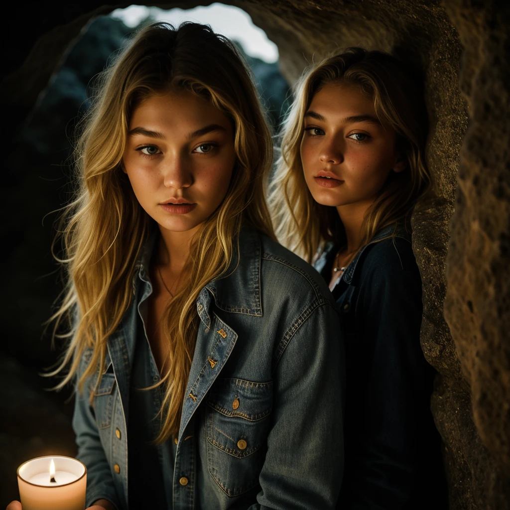 photograph of  gigi hadid troubled facial expression), textured skin, goosebumps, blonde afro hair, plaid flannel shirt with distressed boyfriend jeans, cowboy shot, dark and mysterious cave with unique rock formations and hidden wonders, perfect eyes, (candlelight,chiaroscuro), Porta 160 color, shot on ARRI ALEXA 65, bokeh, sharp focus on subject, shot by Don McCullin