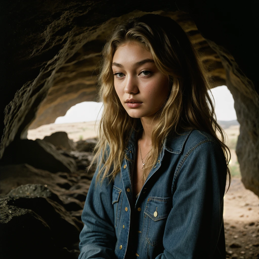 photograph of  gigi hadid troubled facial expression), textured skin, goosebumps, blonde afro hair, plaid flannel shirt with distressed boyfriend jeans, cowboy shot, dark and mysterious cave with unique rock formations and hidden wonders, perfect eyes, (candlelight,chiaroscuro), Porta 160 color, shot on ARRI ALEXA 65, bokeh, sharp focus on subject, shot by Don McCullin
