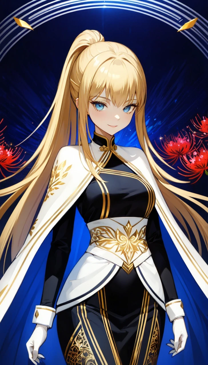 woman, Clothing of the 15th-16th centuries, high ponytail, Wellingtons, Foggy moonlit night in a ghost town, detailed face, hyper detailed eyes, Detailed lips, linear, Golden hair, Blue eyes, fabric decoration in hair, domineering smile, tricky glance, black shadow falling on the eyes, Eyes sparkle,