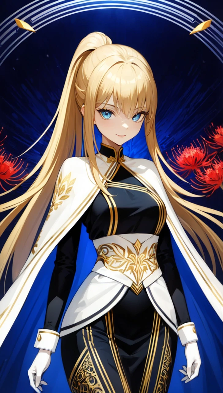 woman, Clothing of the 15th-16th centuries, high ponytail, Wellingtons, Foggy moonlit night in a ghost town, detailed face, hyper detailed eyes, Detailed lips, linear, Golden hair, Blue eyes, fabric decoration in hair, domineering smile, tricky glance, black shadow falling on the eyes, Eyes sparkle,