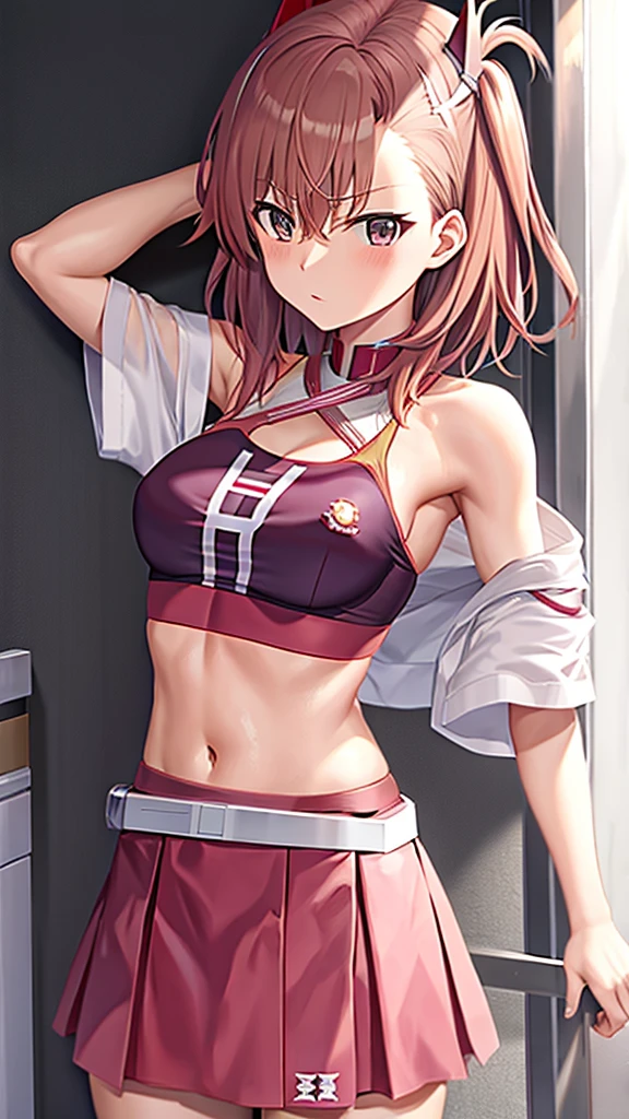 NSFW (Highest quality:1.5, High resolution, uhd, 4K, Detailed lighting, Shaders), ((Misaka Mikoto)) ,solo short hair Brown Hair Brown eyes Cool face Volleyball Uniforms Realistic gym Sweat Super oily skin Preparing for exercise No ball No sleeve Cowboy Shot: Realistic locker room blush depressed Face distorted by pleasure Resisting Pleasure Blushing cheeks wet Nipples licked Overflowing body fluids Spurting body fluids ((Lean back)) (((Ecstasy)))++ Completely naked topless