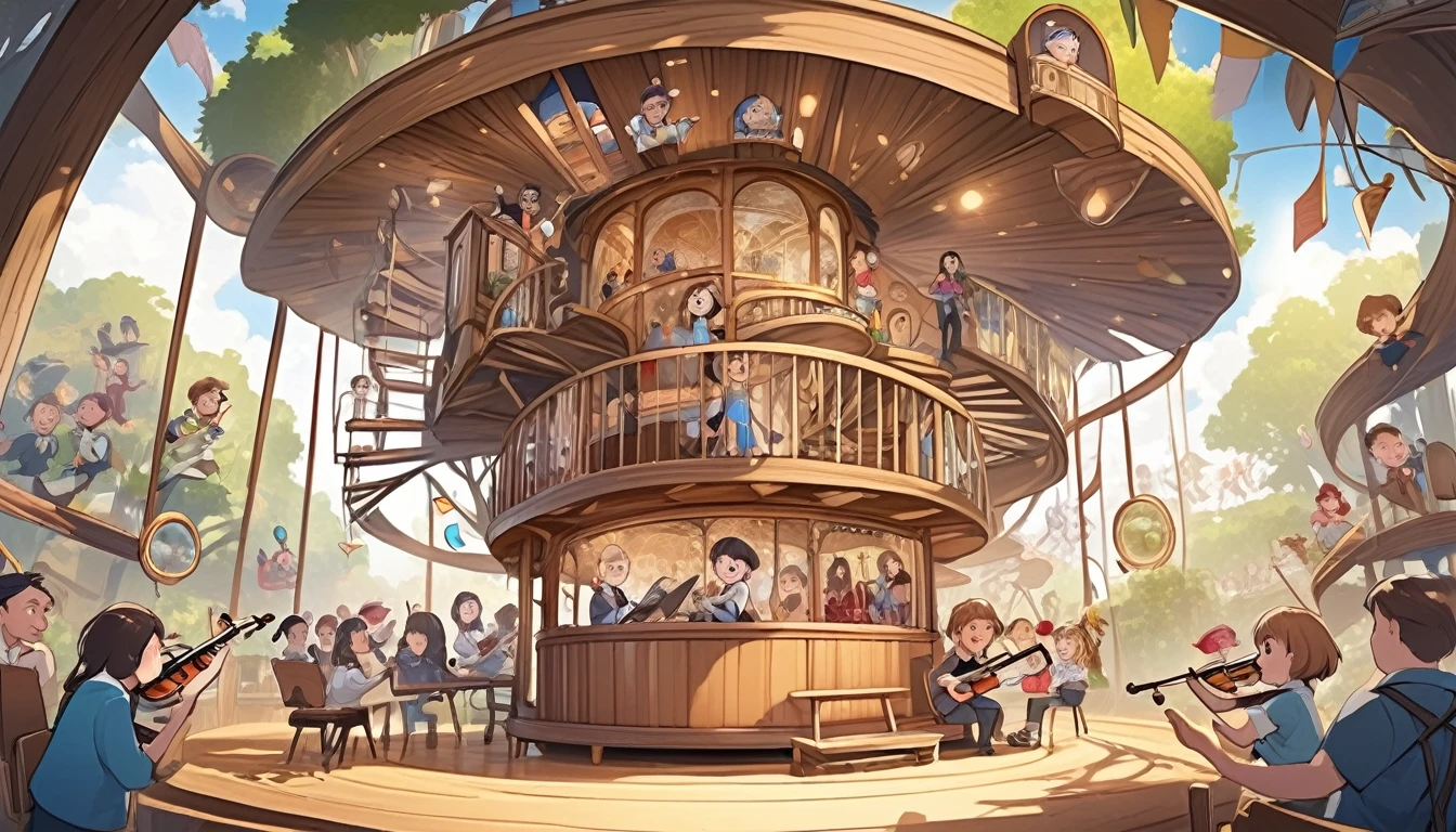 Fantastical treehouse classroom in a giant music box, with cartoon students and teacher singing and playing instruments, English words spiraling up like a staircase