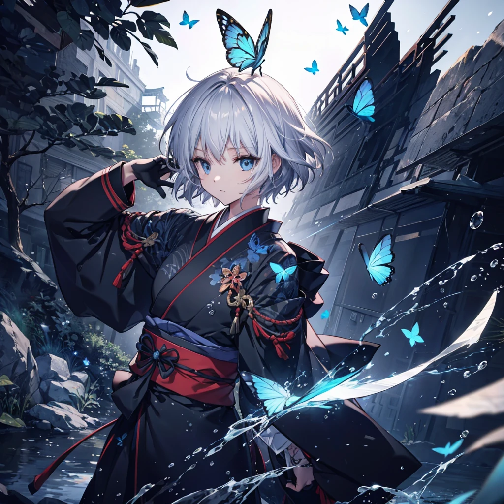 (((1 person))) ((High resolution Gray Hair short hair Black kimono Shoulder)) ((Black Band military commander Lonely despair blue eyes)) ((Blue Butterfly night Japanese style old Shining Aura garden water surface)) (dance 日本knife knife Slashing) moon star Draw your sword Slashing Wind blowing up Catch the wind