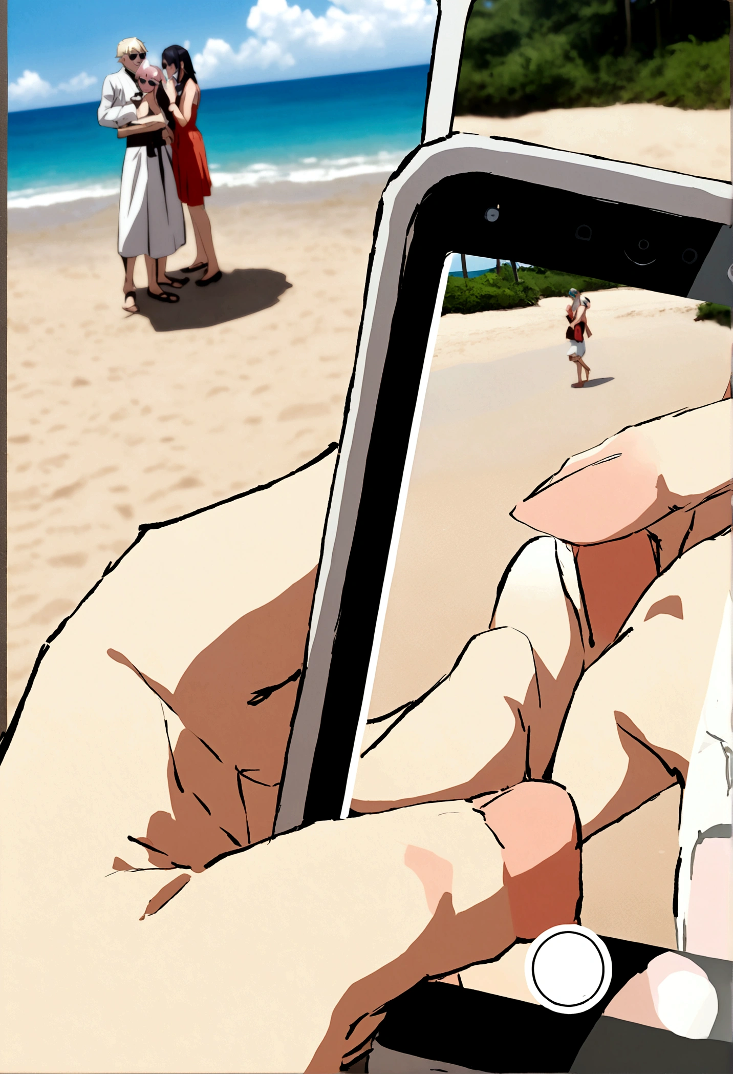 Arlechino and satoru Gojo on a beach day taking a photo