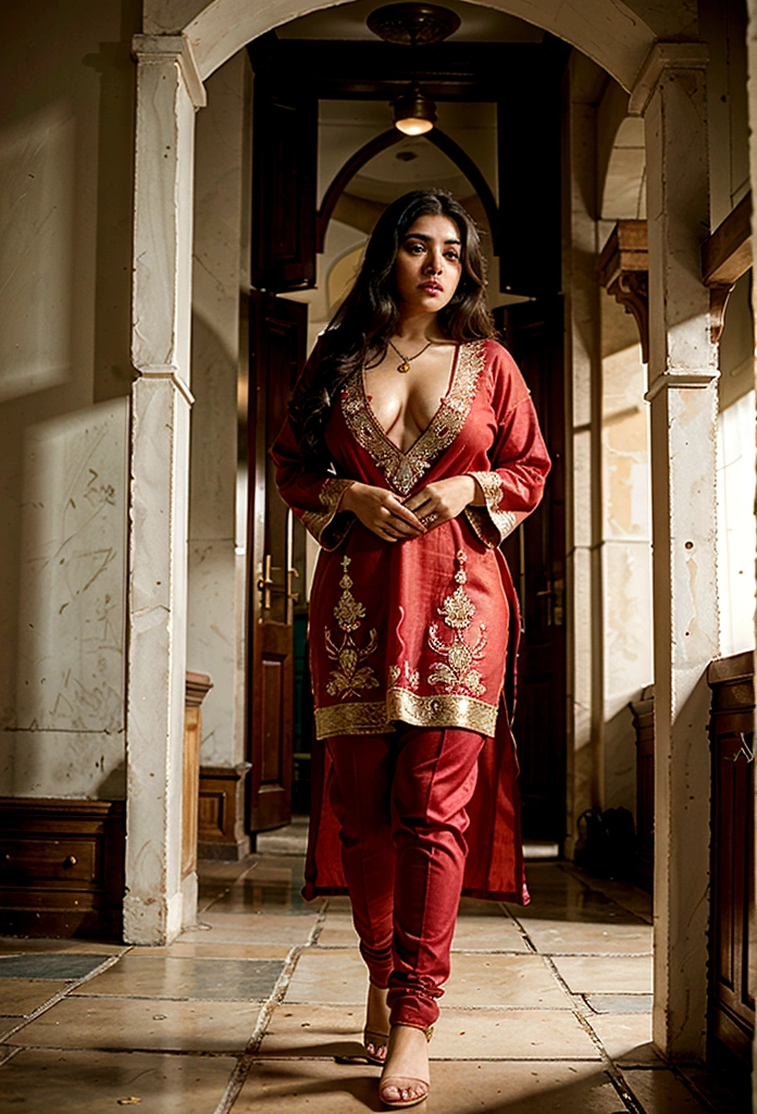 wide angle, Stunning masterpiece, beautiful pakistan muslim Chubby women , 20 years old, weared red salwar suit with jwellery , on market traditional, lamps , a cinematic grading, realistic, detiled, night, depth blur, bright light, topless, transparent outfit, show , show , show breasts, show full image