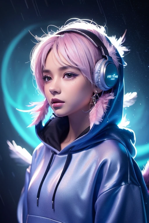 (A beautiful girl with black eyes in a night frame, full of stars, a decorative panel, abstract art, side shot, photorealistic, light pink hair, straight hair, beautiful black hair, glowing white skin, picturesque, sketch, texture, extremely high resolution, alone, beautiful woman, very detailed, fractal art, colorful, floral, most detailed, tangled, dynamic pose, abstract background, glowing skin, many colors, earrings, feather), (A cute chipmunk with fluffy fur wearing a silver blue outfit, including a hoodie and headphones, the background is modern and inorganic, adorable digital painting, 3d rendered, bright lighting, vibrant colors, outside and raining)