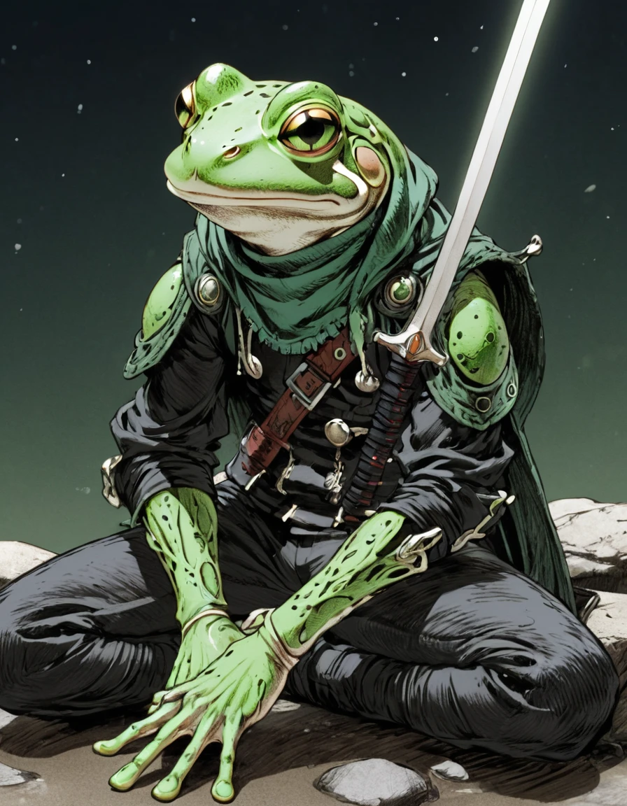 (sketch art, concept art:1.4),(masterpiece rough sketch drawing), best quality, solo closeup, meditating frog rogue, green skin, green eyes, black outfit, sword (Akihiko Yoshida Style), high contrast, space theme, grunge, punk rock, waterfall