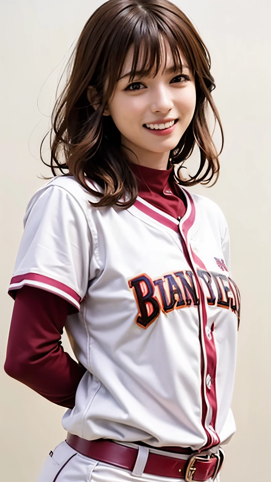 (Highest quality、8k、32K、masterpiece)、(Realistic)、(Realistic:1.2)、(High resolution)、Very detailed、Very beautiful face and eyes、1 Girl、Round and small face、Tight waist、(close、Highest quality、Attention to detail、Rich skin detail)、(Highest quality、8k、Oil paints:1.2)、(Realistic、Realistic:1.37)、Bright colors、(((Blonde)))、(((Bust Shot)))、(((Medium Hair)))、(((White wall background)))、(((Fun Expressions)))、(((Pink baseball uniform)))、(((Pink Uniform)))、(((smile)))、(((Medium Hair)))、Black Uniform、(((blonde)))、Baseball cap
