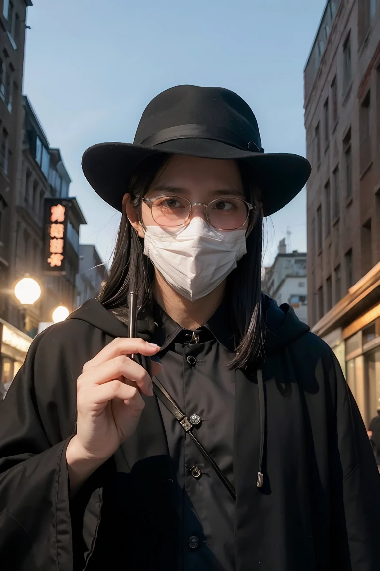 (masterpiece, best illustration,) medieval, beak mask, black robe, city background, doctor, masked, one person, clear, fine motor, wearing hat with brim, glasses, can&#39;t see eyes, hands parked crow