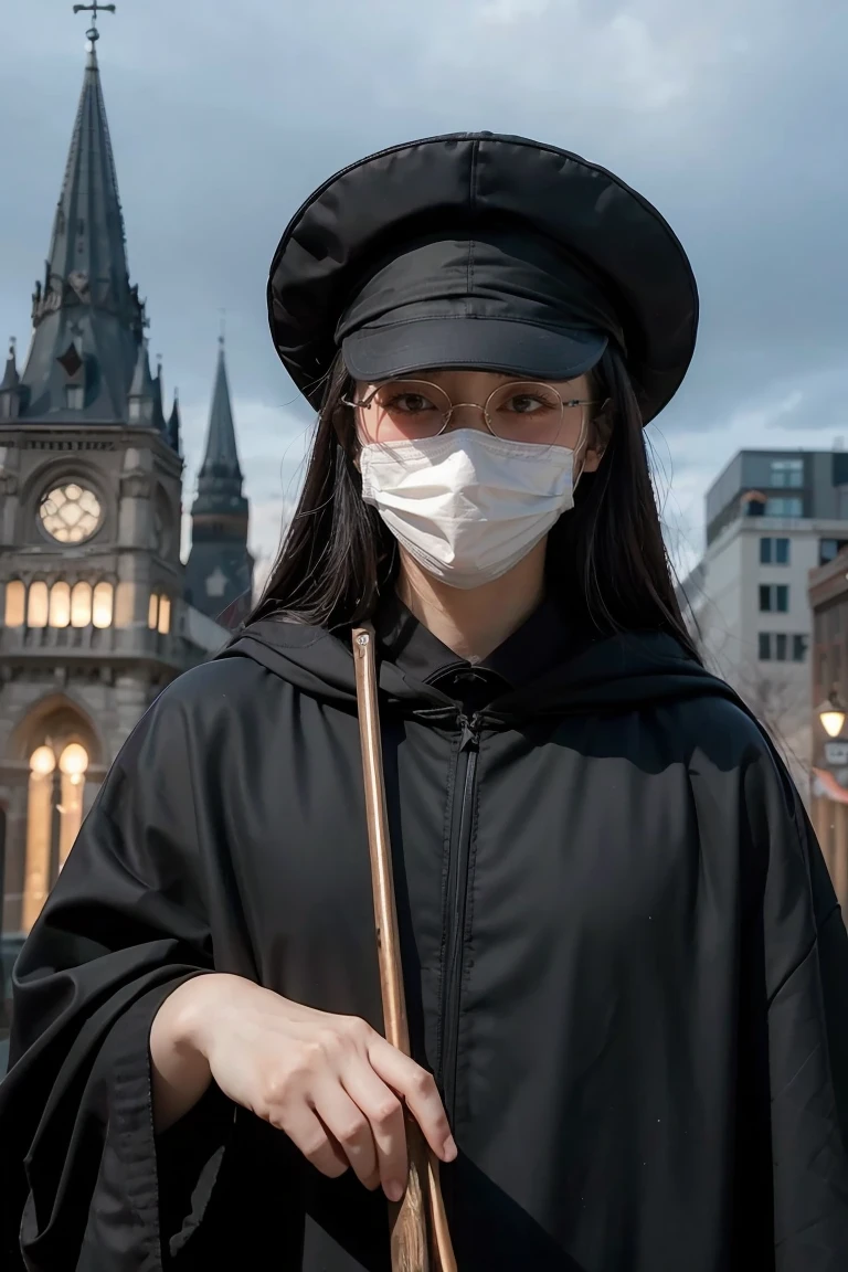 (masterpiece, best illustration,) medieval, beak mask, black robe, city background, doctor, masked, one person, clear, fine motor, wearing hat with brim, glasses, can&#39;t see eyes, hands parked crow