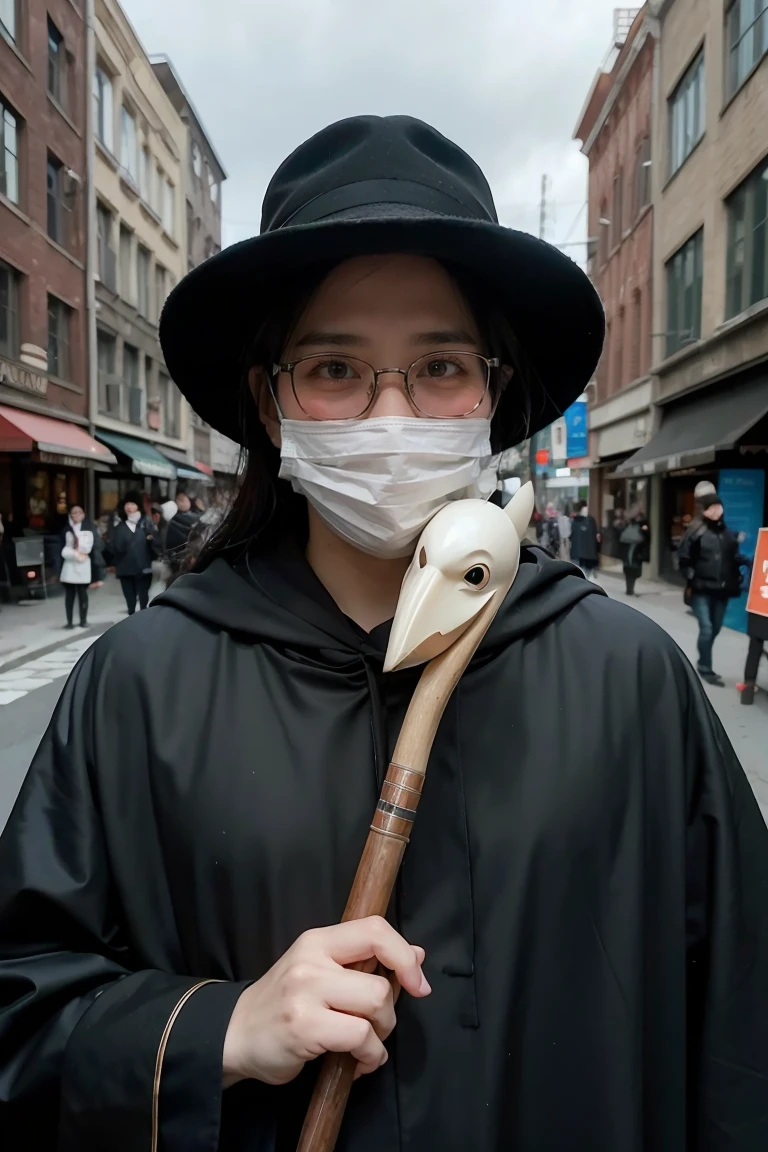 (masterpiece, best illustration,) medieval, beak mask, black robe, city background, doctor, masked, one person, clear, fine motor, wearing hat with brim, glasses, can&#39;t see eyes, hands parked crow