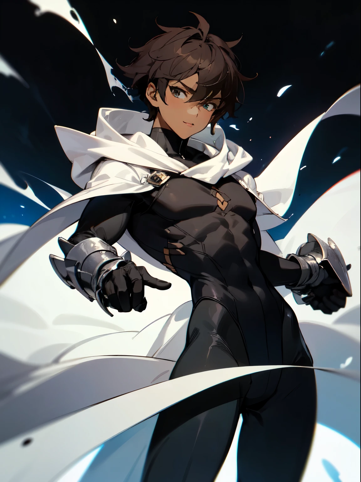 masterpiece, High resolution, high quality, Dark Skinned Teen, male, A little buff, Medium dark brown hair, Big Innocent Eyes, Wearing a black bodysuit, 6 long white torn scarves, White hooded cloak, Big black gauntlets, Dramatic show, Intensive, nice, Amazing guy, close