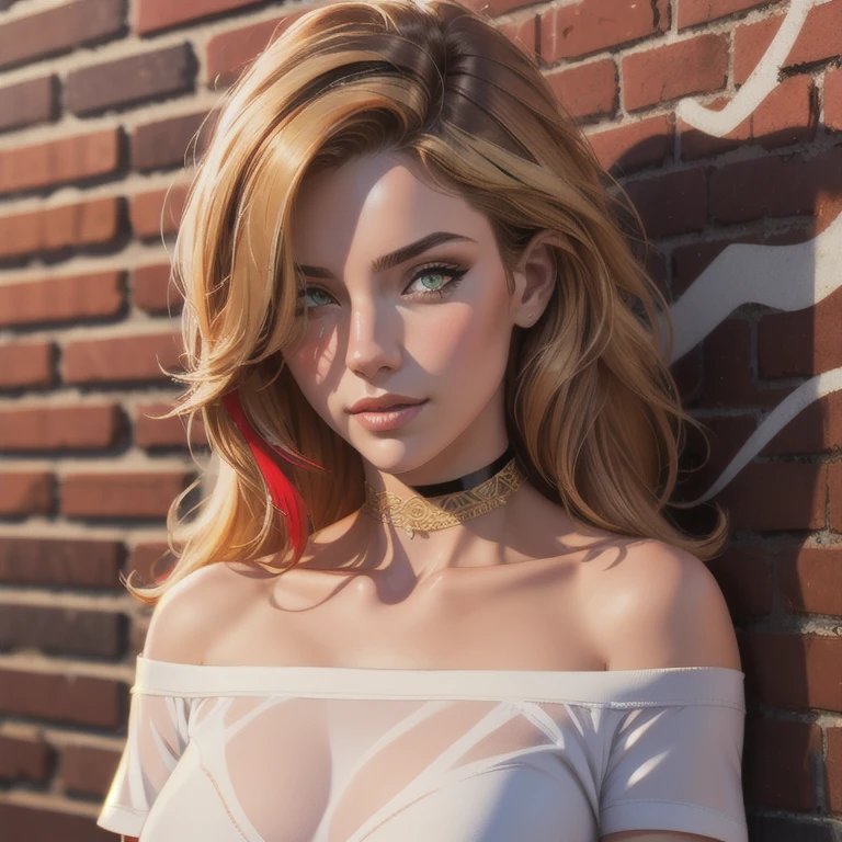 ultra realistic 8k cg, masterpiece, ((ultra detailed background, delicate pattern, intricate detail)), best quality, intricate details, chromatic aberration, 1girl, long hair, golden hair, messy hair, red highlights, hair over one eye, sharp eyes, choker, brick wall, graffiti, dim lighting, alley, oversized shirt,off shoulder, see through white shirt, Masterpiece, best quality