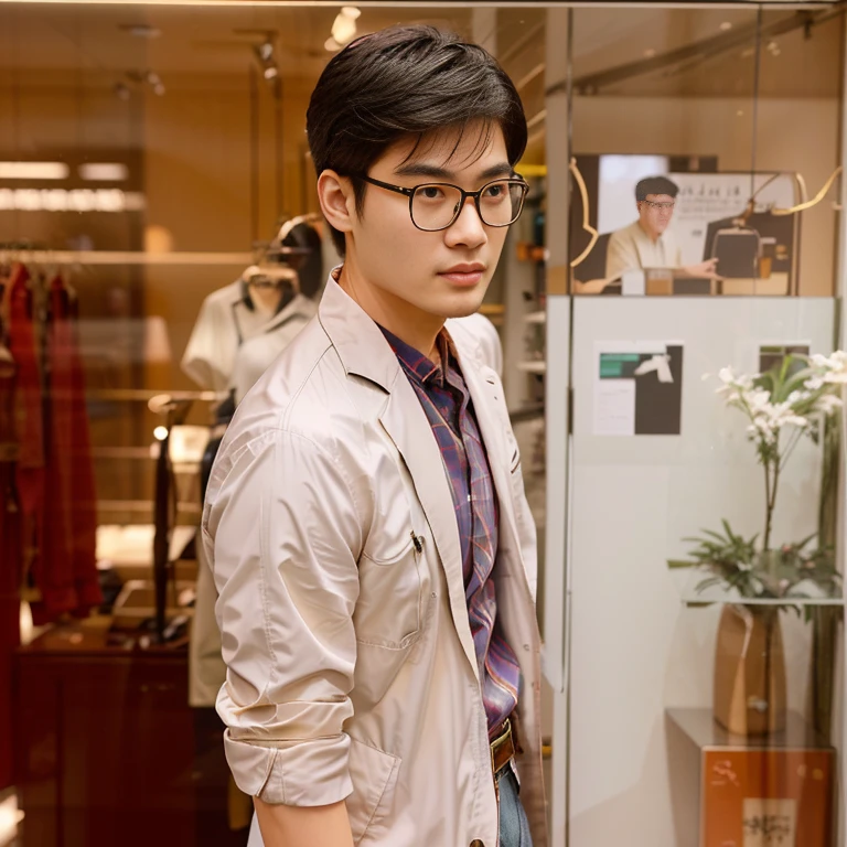 Araaf man wearing clear glass glasses, eyeglasses and a jacket stands on the road., With eyeglasses สวมแว่นตาทรงกลมอันเล็ก, Southeast Asians with round faces, Wear thin, large round glasses., young man with medium - length, With navigator-shaped glasses, With eyeglasses, Inspiration from Zhang Han, A face that is elegantly mellow, wear ray - ban glass, Asian man, Vertical 70 mm