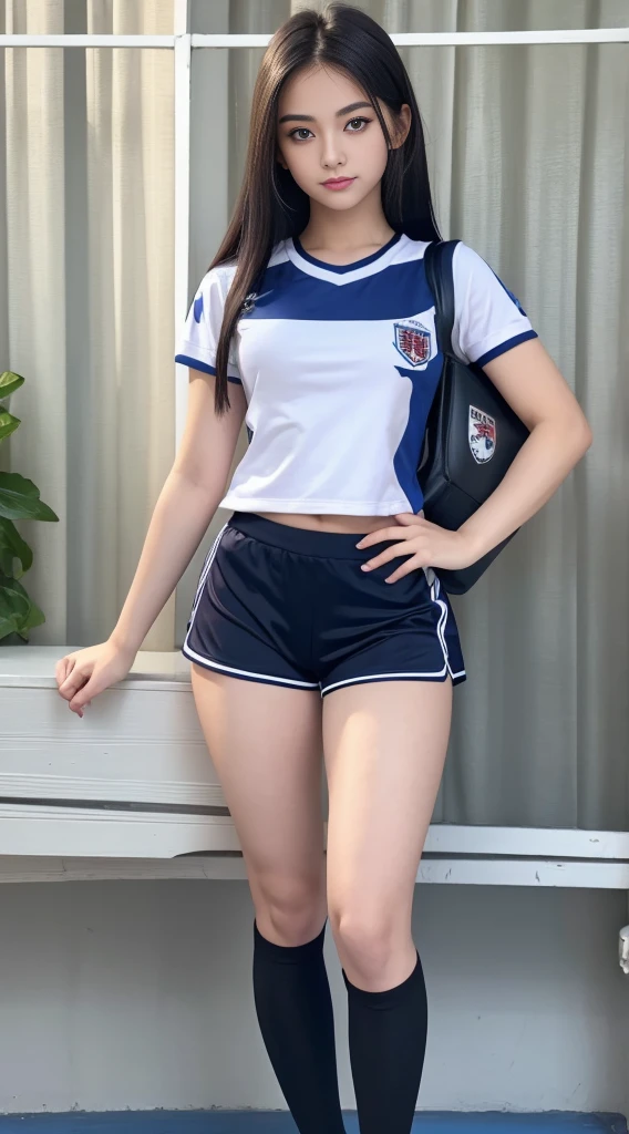 Highest quality、Highest quality、16K quality、Highly detailed figure、Highly detailed face、Highly detailed eyes、Highly detailed nose、Highly detailed facial expressions、Highly detailed full body、Being in reality、-yeld gimain character、white、Short sleeves、Round neck、The school emblem is on the left chest.、Gymnastics uniform T-shirt、Dark blue shorts、Gym shorts、Close to the skin、Tight、16 year oreasts、Full body photo、Are standing、Emphasizes the beauty of thigh muscles、Full body photo、black tights、School classroom、Front view