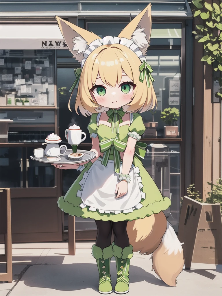 Highest quality, masterpiece,1 Girl,Blonde Hair, Big fox ears,Big fox tail, Green Eyes,Green maid apron,White ruffle skirt,Small breasts,Coffee shop,have_Silver round tray,Green round dish on a tray,10 years old,White pantyhose,Green boa boots,((Chibi))