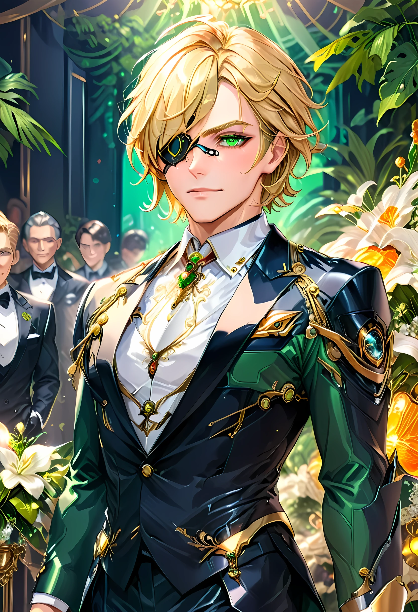 Arafed a picture of a human male spy, wearing dark suit, wearing ((mecha eye patch)), ((eye patch covering only one eye: 1.5))exquisite beautiful male, blond hair, short crop hair, green eyes, eye patch has intricate mechanical part in it, high society gala event background, (Masterpiece: 1.5), 16k, highres, best quality, high details, ultra detailed, masterpiece, best quality, (extremely detailed),