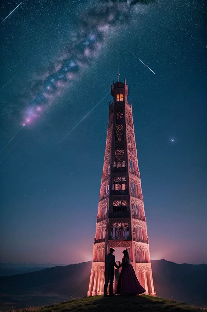 There is very long tower a boy and girl standing on that tower showing love to each other in dark pink night sky with comets having a glowing moon there is mountain horses eagles the dark pink light reflects in detail rainfall