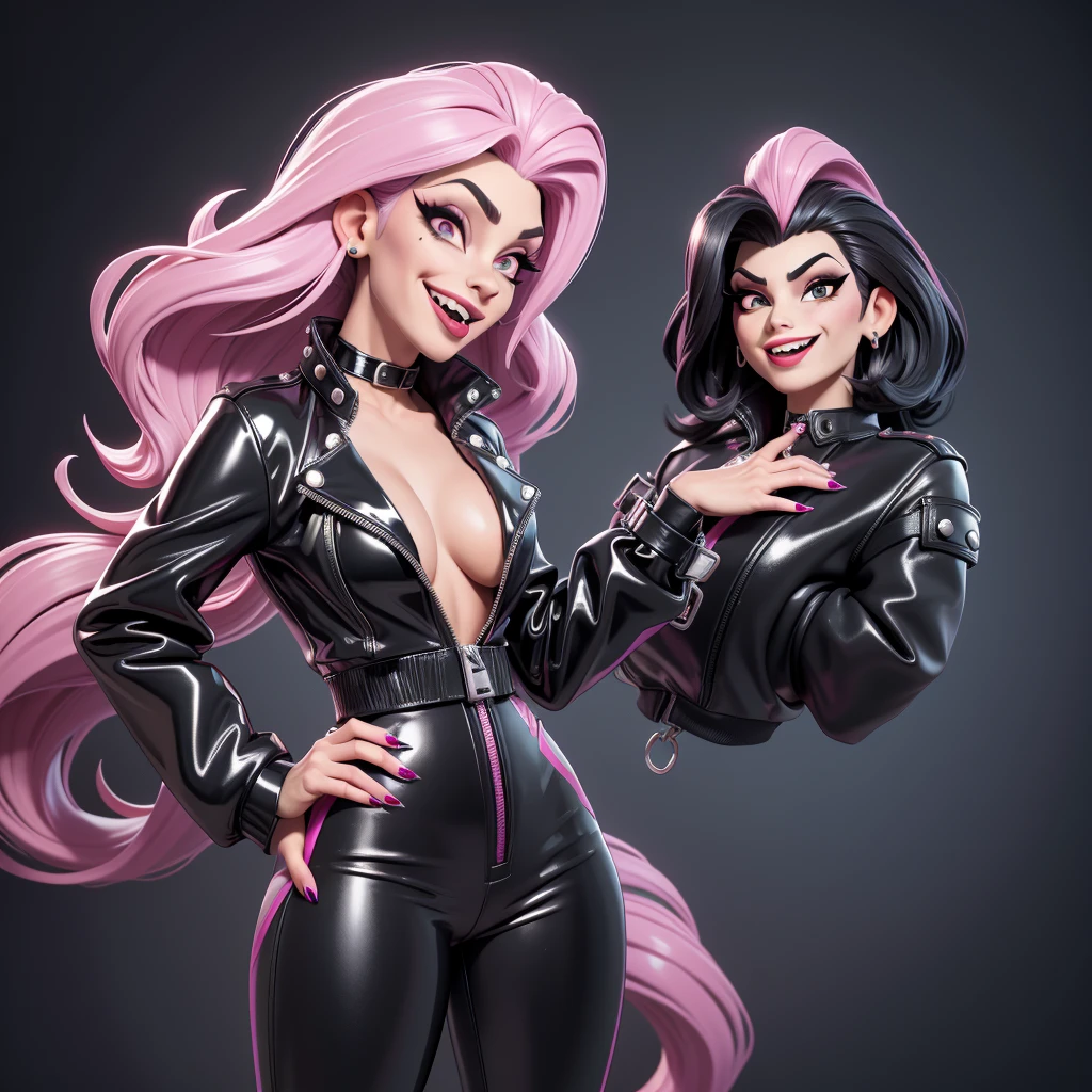 obra prima, melhor qualidade, (cruella deville, amy winehouse, vamp 70yo face wrinkles,) head back, sassy wicked girl, big toothy smile, open mouth, maniacal, extreme, thick smoky black eye shadow, long fake eyelashes, raven black mullet hair, ((metallic bubble gum pink pvc biker jacket and pants,)) with studs zippers snaps, shiny leather gloves, body is skinny, against the wall, shiny tight buttocks, hump, scissor pose, camera view of whole body, looking up at me, shallow depth of field, highres, HD, 8k, anatomically correct