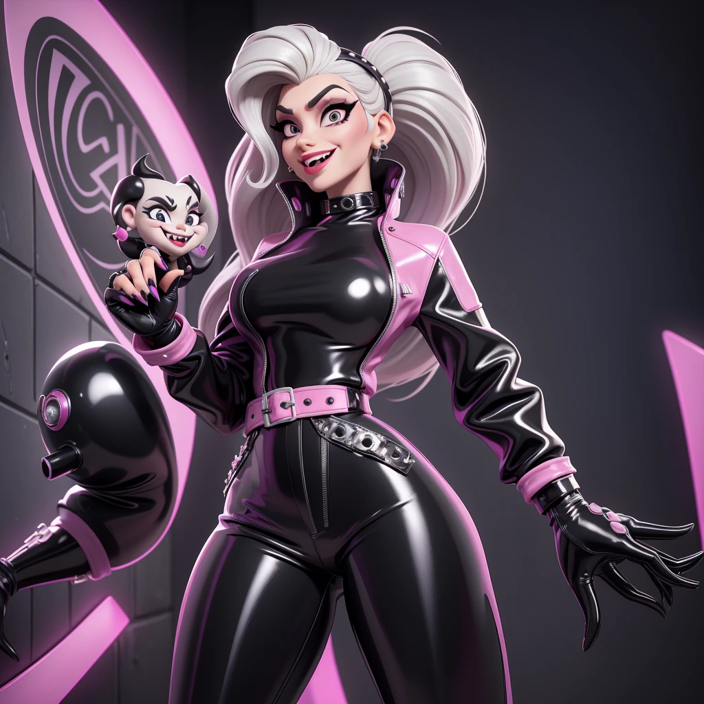 obra prima, melhor qualidade, (cruella deville, amy winehouse, vamp 70yo face wrinkles,) head back, sassy wicked girl, big toothy smile, open mouth, maniacal, extreme, thick smoky black eye shadow, long fake eyelashes, raven black mullet hair, ((metallic bubble gum pink pvc biker jacket and pants,)) with studs zippers snaps, shiny leather gloves, body is skinny, against the wall, shiny tight buttocks, hump, scissor pose, camera view of whole body, looking up at me, shallow depth of field, highres, HD, 8k, anatomically correct
