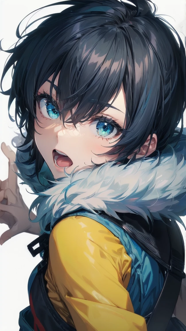 Close-up of a cartoon girl with blue hair and a yellow shirt, 2D Animation, 2D Animation style, 2D Art, 2D Art, 2D from Gorillaz, 2D from Gorillaz, 2D Gorillaz, Screaming Cerket, 2D Sprites, Jinx Face, short hair, Small breasts, hot pants, ((Black Hair, Bright blue fur inside:1.4))