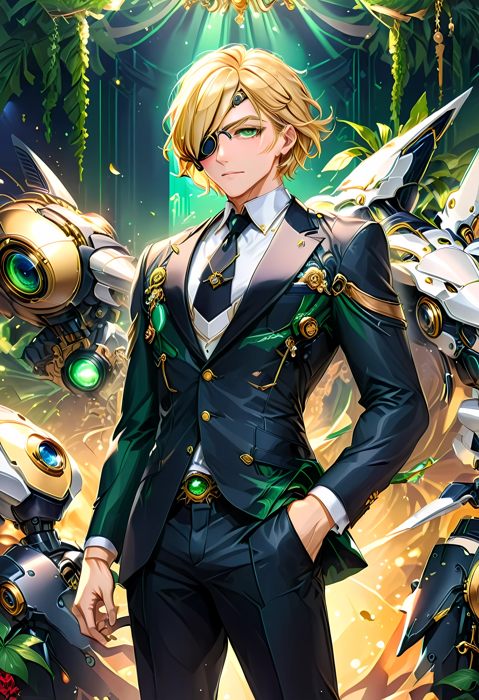 Arafed a picture of a human male spy, wearing dark suit, wearing ((mecha eye patch)), ((eye patch covering only one eye: 1.5))exquisite beautiful male, blond hair, short crop hair, green eyes, eye patch has intricate mechanical part in it, high society gala event background, (Masterpiece: 1.5), 16k, highres, best quality, high details, ultra detailed, masterpiece, best quality, (extremely detailed), 