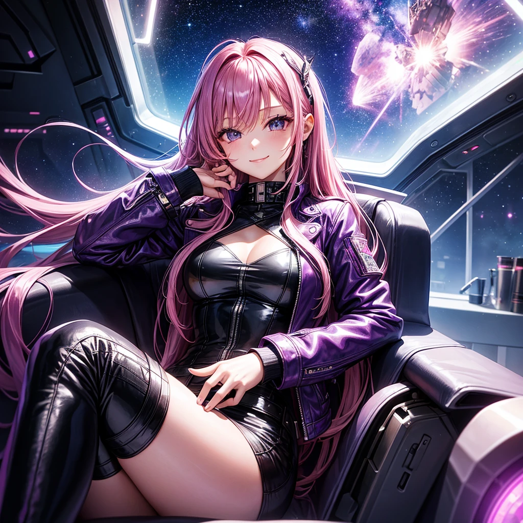 A young sexy woman with long purple hair and sexy clothes sits in a spaceship seat、A beautiful starry sky can be seen from the window.。smile,leather jacket,Future Fashion,Angel girl,Pink Hair,Horny girl