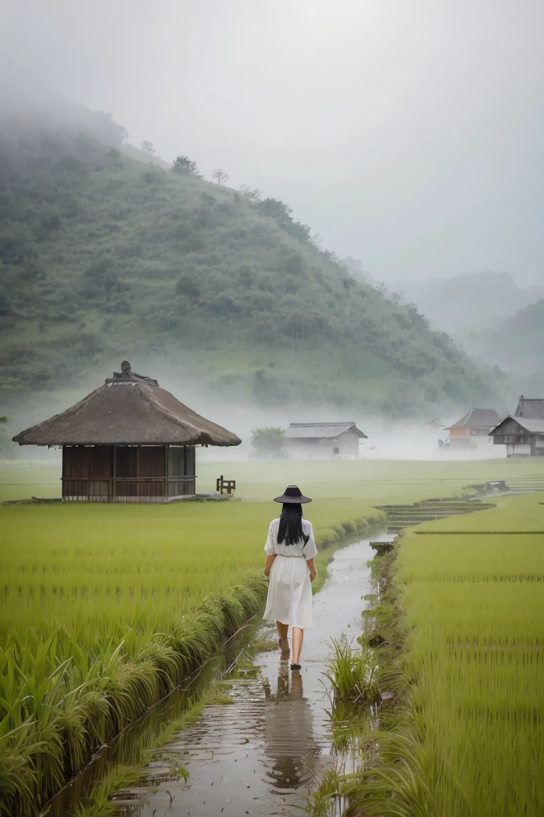 There is a woman walking through a rice field, in the background is a hut with rice fields, rice fields, neat rice seedlings in the fields, misty rain, villages, agriculture, in the tranquil landscape, misty weather, in the vast peaceful landscape, in the early morning, in the morning mist, behind a small village, mist, Japanese countryside, thatched roofs --v 6