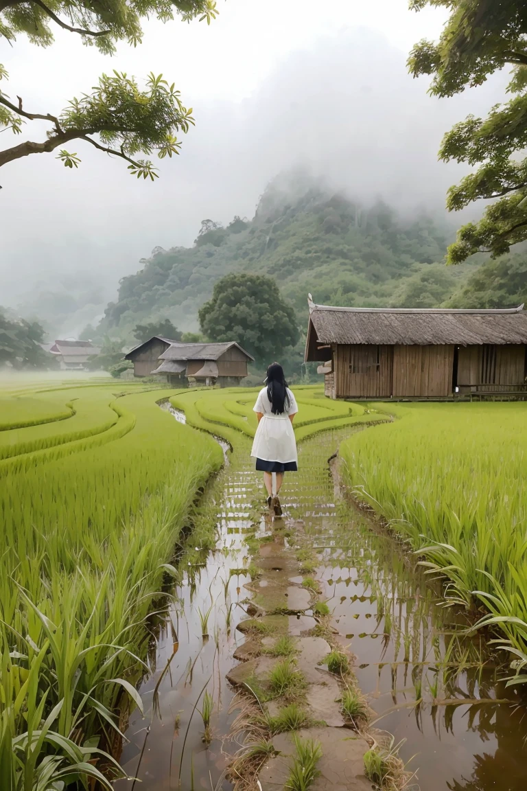 There is a woman walking through a rice field, in the background is a hut with rice fields, rice fields, neat rice seedlings in the fields, misty rain, villages, agriculture, in the tranquil landscape, misty weather, in the vast peaceful landscape, in the early morning, in the morning mist, behind a small village, mist, Japanese countryside, thatched roofs --v 6