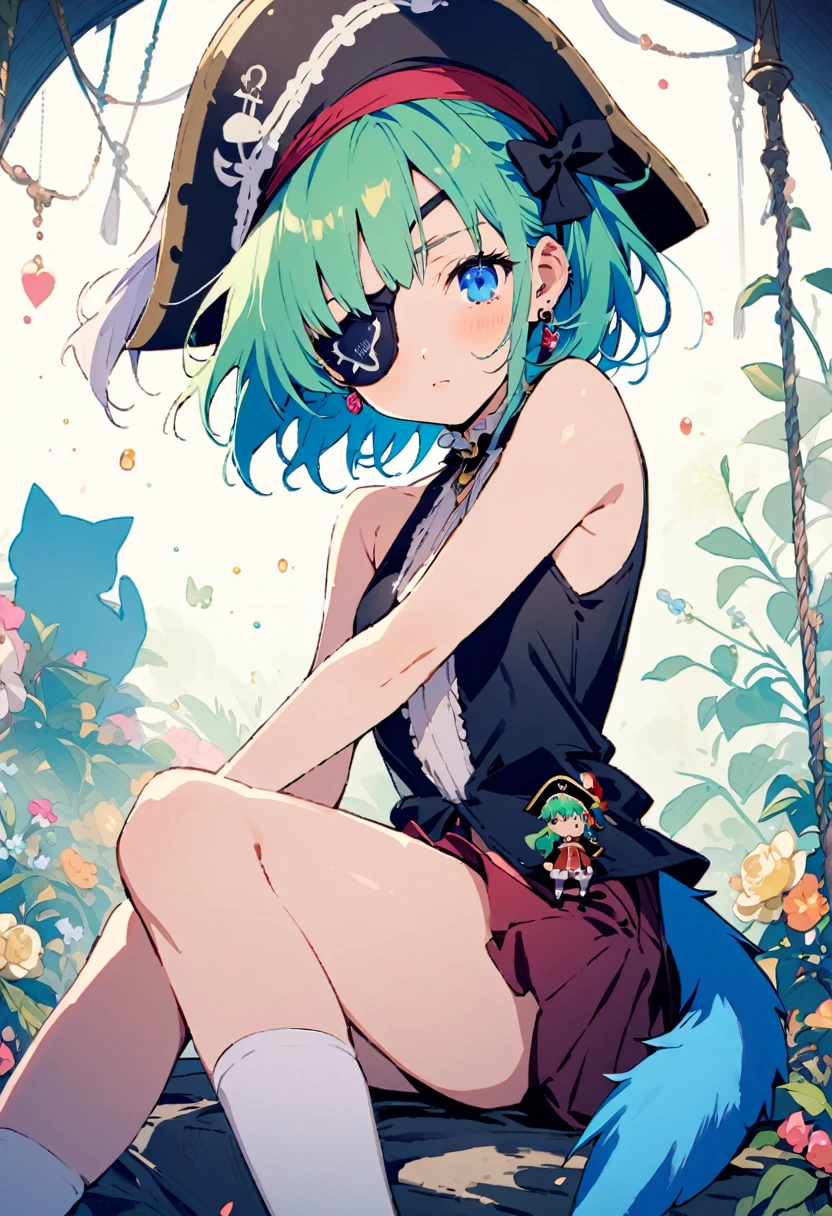 ((Back view:1.1)),masterpiece, Highest quality, Illustration of the novel, High resolution, 18+ Adult content, Sensual, Intimate, Emotional, Passionate, romantic, sweet, Adorable, Innocent, Pure, Charmな, Charmな, Charm, mysterious, Charmな, Charmな, Immersive, Charmな, dream-like, Surreal, Imaginative, Whimsical, Artistic, Avant-garde, timeless, elegant, Sophisticated, chic, Sophisticated, personality, original, Charmな,One Girl,Deltamon_beta, alone, blue eyes, Knee socks, Animal ears, Expose your shoulders, Blue Tail, Earrings,Removable sleeves, Green Hair, Sleeveless, Cat ear, bag, white Knee socks, Cat'tail,pink backpack,Pink school bag,Lavender lace: Lavender Peter Pan collar lace dress, Paired with ivory tights and Mary Jane shoes.,Cherry-blossom viewing, azalea, satsuki, azalea blizzard,
rest ((Loli Pirate:1.3)),((Eye patch:1.3))、