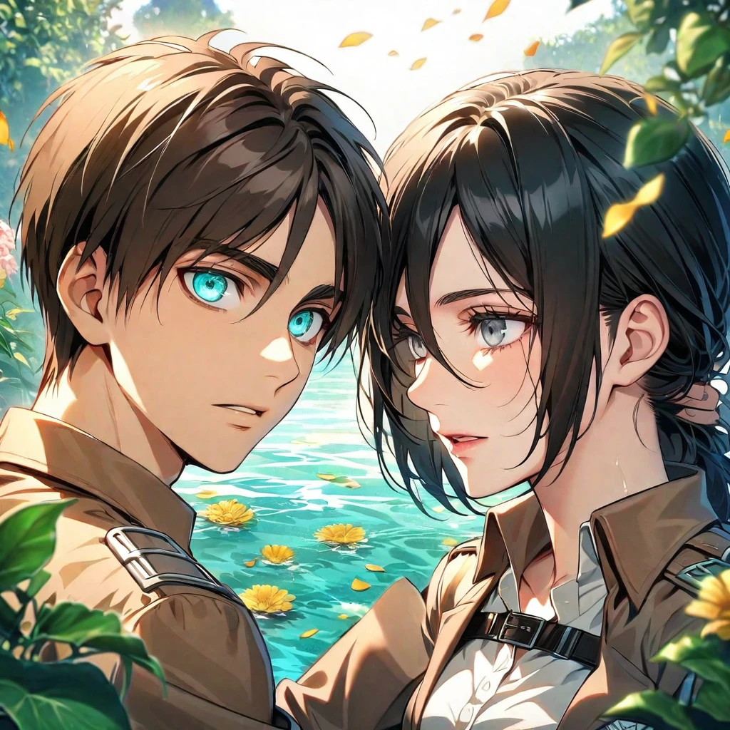 Ultra detailed, highres, absurdres, HDR, Eren Jeager, turquoise eyes, brown hair, Mikasa Ackerman, black hair, grey eyes, Shingeki No Kyojin, flowers, petals, green leaves, water, 1 man together with 1 woman as a couple, handsome, very detailed face and eyes,