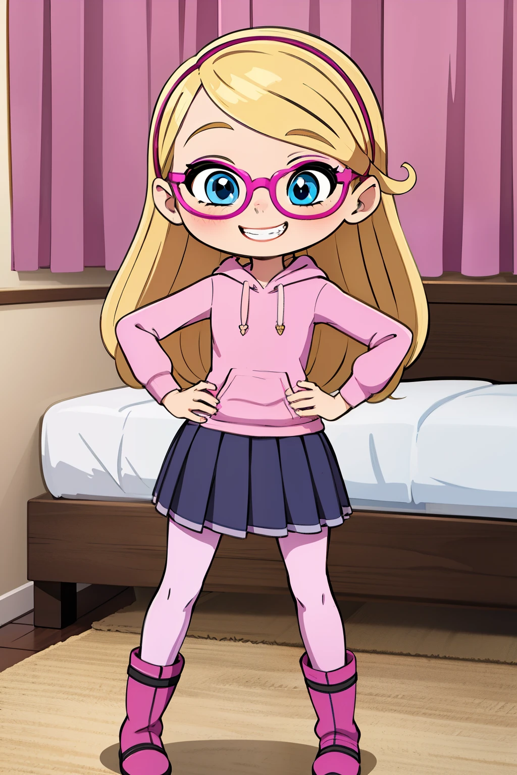 ((masterpiece, best quality, ultra-detailed, 1girl, solo, penny peterson, long hair, blonde hair, blue eyes, magenta glasses, bright pink hoodie, dark lavender pleated skirt, loose skirt, white trimmings, burgundy leggings, pink wide heel boots, pink bedroom, beautiful face, cute, smile, cute smile, happy, grin, mouth closed, hands on hip,