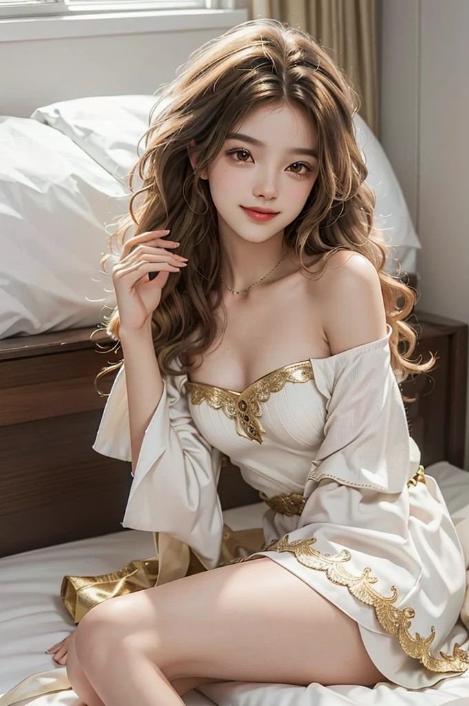 highest quality、masterpiece、(((The costume is disheveled:1.3)))、24 talents、7-Head Beauty、Super High Leg、A smile full of happiness、((looks happy:1.3))、、Shortness of breath face、do not have、sweating、Excited expression、Natural Wave Hair、Glasses、Realistic,High resolution,Soft Light,1 female,Lift your hips high, medium breasts beautiful breasts, Brown eyes, Expensive Gemstones, (A small traditional costume made of elegant and sexy white fabric with gold embroidery pattern), ,It is full of elegance and adult sexiness.、Perfectly flexible fingertips、下着は一切着けていdo not have