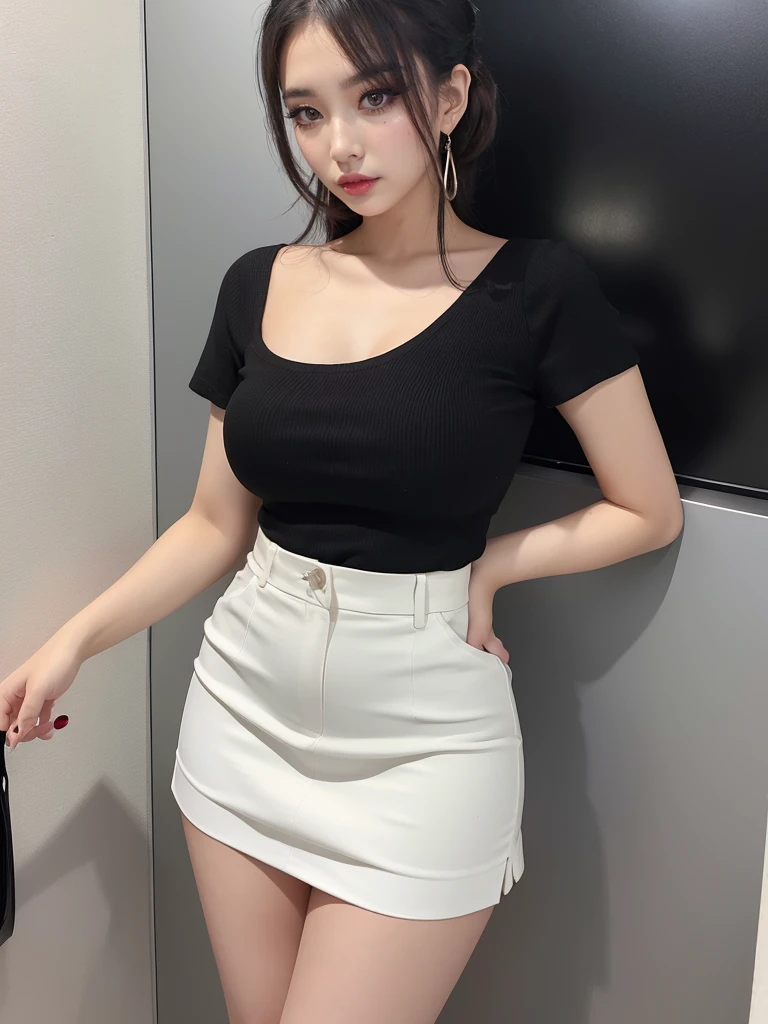 Beautiful woman、A face with glamorous eyeshadow and makeup、Plump body、Big Tits、Earrings、Are standing、Open-front short-sleeve shirt、Black vinyl micro mini skirt、White pants exposed、Skirt up、Public toilet cubicles、From the thigh up