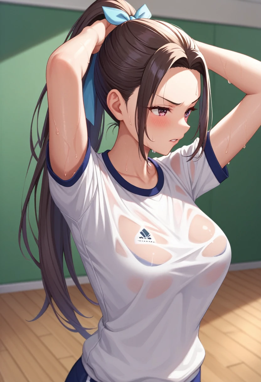 nsfw, ((breasts showing)), (8K, high resolution),((1girl in)), ((Best Quality)), (Ultra-detailed), (extremely detailed CG unified 8k wallpaper), Highly detailed, High-definition raw color photos, Professional Photography, masterpiece,highres,high quality, MicchonShikimori,1girl, solo,sweat,sweatdrop,wet,tsurime,looking away,long hair,high ponytail,blush,hair ribbon,gym uniform,t-shirt,short sleeves,parody,upper body,indoors,v-shaped eyebrows,:o,parted lips,frown,arms up,raise bangs,hands on own head,hands in hair,forehead,collarbone, style parody,meme,official style,wooden floor,anime coloring,blurry,blurry background, sleevesless, armpits,