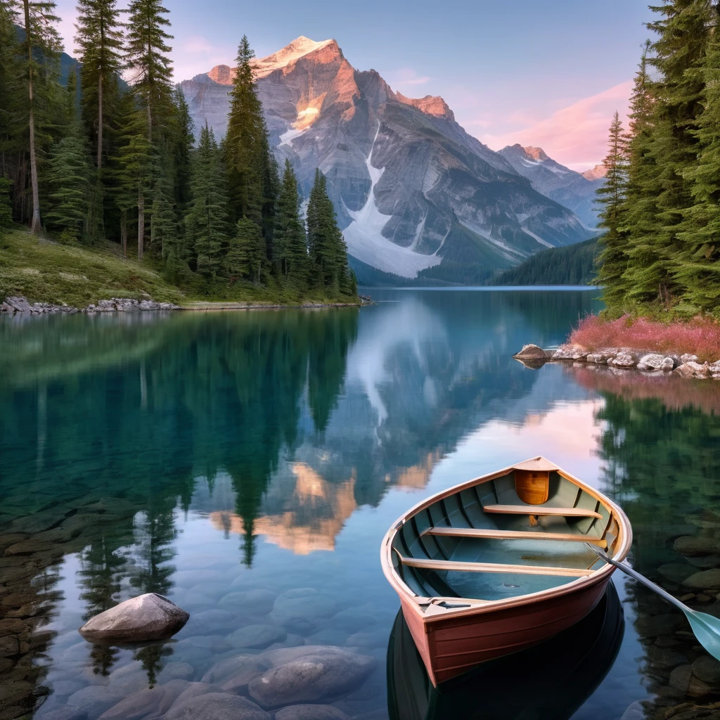 Create an incredibly amazing and fantastical image with "Award Winning Clear Smooth Details." Imagine a breathtaking scene of a crystal-clear mountain lake surrounded by towering, snow-capped peaks. The water of the lake is so still and pristine that it reflects the surrounding landscape with perfect clarity, creating a mirror-like effect.
In the foreground, a small wooden dock extends into the lake, and a beautifully crafted wooden rowboat is gently floating near the edge. The boat is detailed with smooth, polished wood and intricate carvings along its edges, showcasing expert craftsmanship.
Surrounding the lake are lush, green pine forests, with rays of sunlight filtering through the trees and casting a warm, golden light on the scene. The trees and foliage are rendered with sharp, clear details, capturing every needle and leaf with precision.
In the background, the majestic mountains rise into a sky that is a brilliant gradient of deep blue to soft pink, as the sun begins to set. Wisps of clouds are delicately painted across the sky, adding depth and dimension to the scene.
On the shore of the lake, a family of deer is grazing, their fur detailed with smooth, realistic textures that highlight the play of light and shadow. The overall composition is balanced and harmonious, with each element contributing to a sense of peace and natural beauty.
The color palette should be rich and natural, with the blues and greens of the landscape complemented by the warm tones of the sunlight and the soft pastels of the sky. Use detailed, flowing lines to capture the intricate beauty and smoothness of the scene.
The entire image should evoke a sense of awe and tranquility, with award-winning clarity and smooth details that make every element stand out, creating a truly unique and captivating masterpiece.