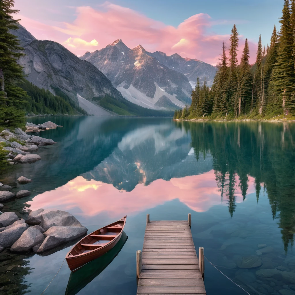 Create an incredibly amazing and fantastical image with "Award Winning Clear Smooth Details." Imagine a breathtaking scene of a crystal-clear mountain lake surrounded by towering, snow-capped peaks. The water of the lake is so still and pristine that it reflects the surrounding landscape with perfect clarity, creating a mirror-like effect.
In the foreground, a small wooden dock extends into the lake, and a beautifully crafted wooden rowboat is gently floating near the edge. The boat is detailed with smooth, polished wood and intricate carvings along its edges, showcasing expert craftsmanship.
Surrounding the lake are lush, green pine forests, with rays of sunlight filtering through the trees and casting a warm, golden light on the scene. The trees and foliage are rendered with sharp, clear details, capturing every needle and leaf with precision.
In the background, the majestic mountains rise into a sky that is a brilliant gradient of deep blue to soft pink, as the sun begins to set. Wisps of clouds are delicately painted across the sky, adding depth and dimension to the scene.
On the shore of the lake, a family of deer is grazing, their fur detailed with smooth, realistic textures that highlight the play of light and shadow. The overall composition is balanced and harmonious, with each element contributing to a sense of peace and natural beauty.
The color palette should be rich and natural, with the blues and greens of the landscape complemented by the warm tones of the sunlight and the soft pastels of the sky. Use detailed, flowing lines to capture the intricate beauty and smoothness of the scene.
The entire image should evoke a sense of awe and tranquility, with award-winning clarity and smooth details that make every element stand out, creating a truly unique and captivating masterpiece.