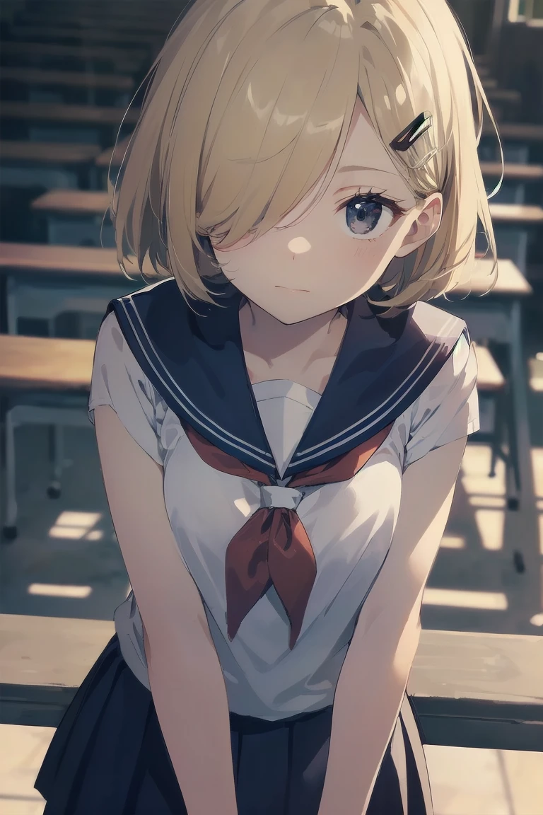 highest quality, anime moe art style,Best Anime 8K Kona-chan Wallpaper,Pixiv contest winners,perfect anatomy, (Please draw a girl walking sleepily to school.. ),break, 1 girl, (alone,,,13 years old:1.3),high school student, short hair, amount, (hair above one eye:1.7),All limbs, full finger,medium breasts, between legs, small eyes,Precise black eyes, hair clip, (sailor suit:1.5),(school uniform:1.5) skirt,On the way to school. break,Super detailed,High resolution,super dense skin, professional lighting,8K eye details, (cute illustration:1.2),blonde，blonde hair，No expression，(hair over one eye:1.5)