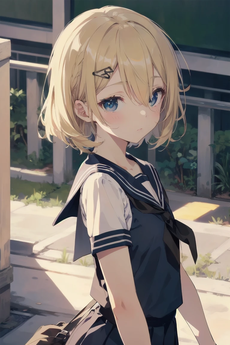 highest quality, anime moe art style,Best Anime 8K Kona-chan Wallpaper,Pixiv contest winners,perfect anatomy, (Please draw a girl walking sleepily to school.. ),break, 1 girl, (alone,,,13 years old:1.3),high school student, short hair, amount, (hair above one eye:1.7),All limbs, full finger,medium breasts, between legs, small eyes,Precise black eyes, hair clip, (sailor suit:1.5),(school uniform:1.5) skirt,On the way to school. break,Super detailed,High resolution,super dense skin, professional lighting,8K eye details, (cute illustration:1.2),blonde，blonde hair，No expression，(hair over one eye:1.5)