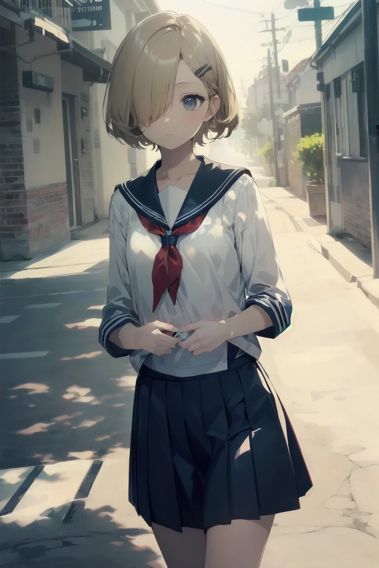 highest quality, anime moe art style,Best Anime 8K Kona-chan Wallpaper,Pixiv contest winners,perfect anatomy, (Please draw a girl walking sleepily to school.. ),break, 1 girl, (alone,,,:1.3),high school student, short hair, amount, (hair above one eye:1.7),All limbs, full finger,medium breasts, between legs, small eyes,Precise black eyes, hair clip, (sailor suit:1.5),(school uniform:1.5) skirt,On the way to school. break,Super detailed,High resolution,super dense skin, professional lighting,8K eye details, (cute illustration:1.2),blonde,blonde hair,No expression,(hair over one eye:1.5)