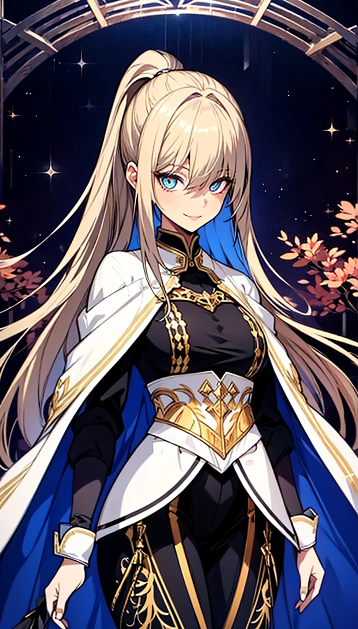 woman, Clothing of the 15th-16th centuries, high ponytail, Wellingtons, Foggy moonlit night in a ghost town, detailed face, hyper detailed eyes, Detailed lips, linear, Golden hair, Blue eyes, fabric decoration in hair, domineering smile, tricky glance, black shadow falling on the eyes, Eyes sparkle,