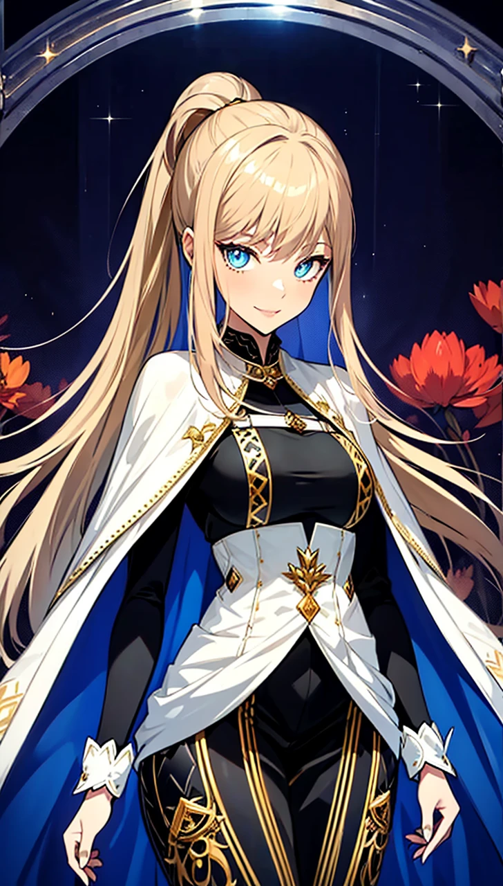 woman, Clothing of the 15th-16th centuries, high ponytail, Wellingtons, Foggy moonlit night in a ghost town, detailed face, hyper detailed eyes, Detailed lips, linear, Golden hair, Blue eyes, fabric decoration in hair, domineering smile, tricky glance, black shadow falling on the eyes, Eyes sparkle,