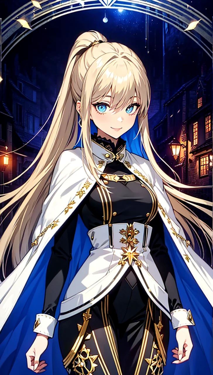 woman, Clothing of the 15th-16th centuries, high ponytail, Wellingtons, Foggy moonlit night in a ghost town, detailed face, hyper detailed eyes, Detailed lips, linear, Golden hair, Blue eyes, fabric decoration in hair, domineering smile, tricky glance, black shadow falling on the eyes, Eyes sparkle,