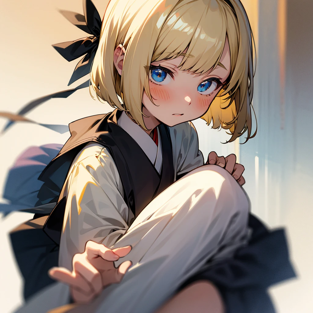 Japanese Girls、blonde、Black hairline、Bobcut、wearing student uniform,Blushing、School、One person