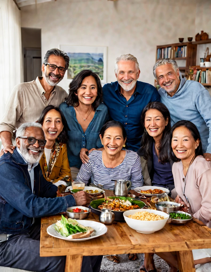 Raw Photograph of a smiling multi-age ((max age 40)), multi-cultural and multi-national group of people, ((wearing light, casual clothes)), gathered in a well-lit living room and cozy, sharing a meal. The image must convey human warmth, community and welcome. award winning photo in 2023, high details, high res, color picture, NIKKOR AI-S 300mm f/2 + CANON 0.71x Focal Reducer, 300mm focal lens, ISO 800, flair reducer lens, LEICA photography, focus on the subject, ultra realistic photography, cinematic composition