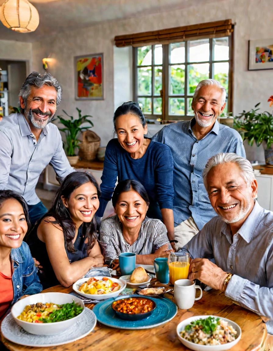 Raw Photograph of a smiling multi-age ((max age 40)), multi-cultural and multi-national group of people, ((wearing light, casual clothes)), gathered in a well-lit living room and cozy, sharing a meal. The image must convey human warmth, community and welcome. award winning photo in 2023, high details, high res, color picture, NIKKOR AI-S 300mm f/2 + CANON 0.71x Focal Reducer, 300mm focal lens, ISO 800, flair reducer lens, LEICA photography, focus on the subject, ultra realistic photography, cinematic composition