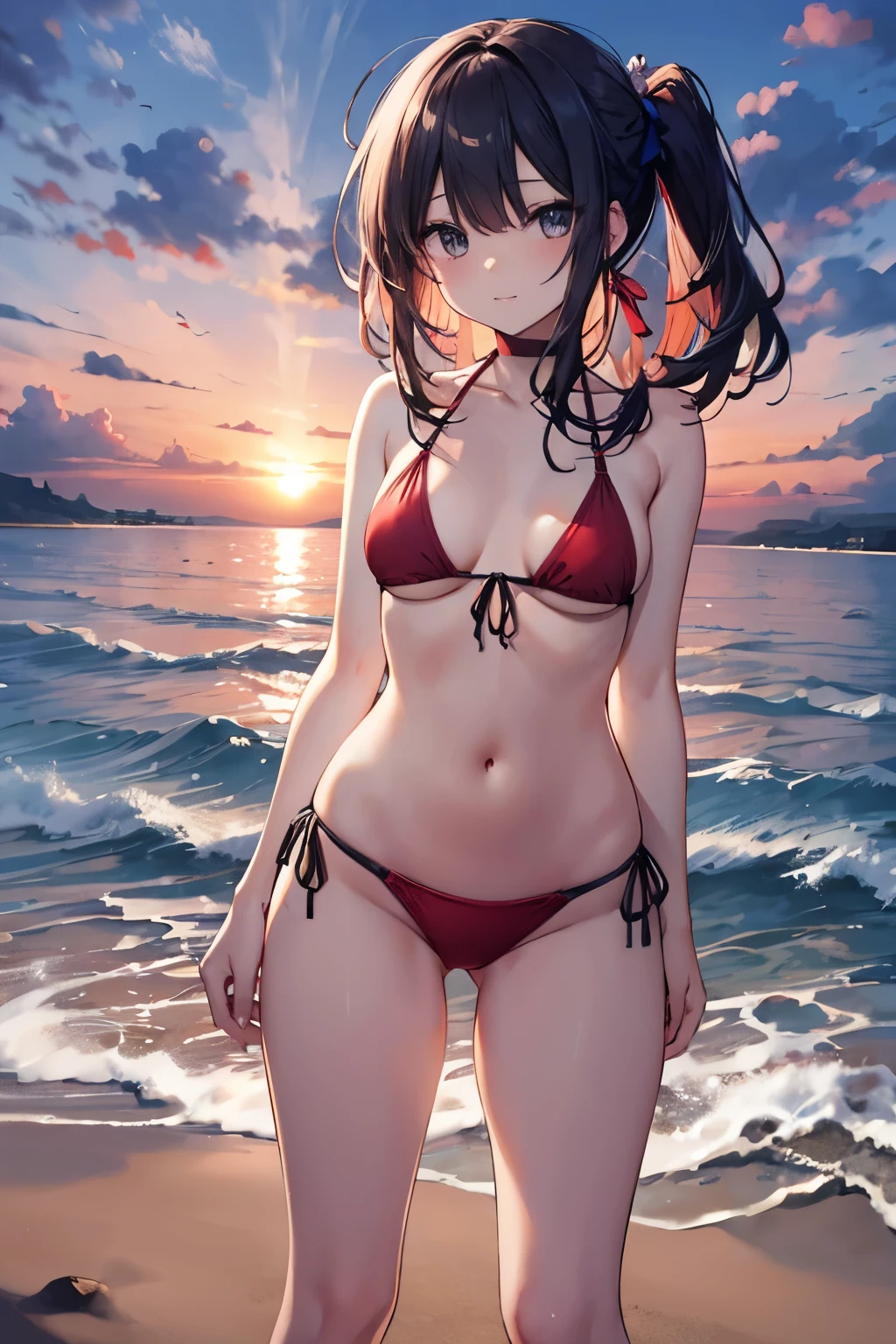 Japanese anime style,A young girl stands on a deserted white sand beach, Red Bikini、Red Bikiniを着ている,A beautiful sunset in the background, The sky and sea dyed in the sunset、The girl has a relaxed look, Capture the calm and tranquil atmosphere of a beach evening、Beautiful fingers,Beautiful Hands,Points First,nail,arms behind back
Seaweed、Seaweed、Seaweed、Seaweed、Seaweed、Seaweed、