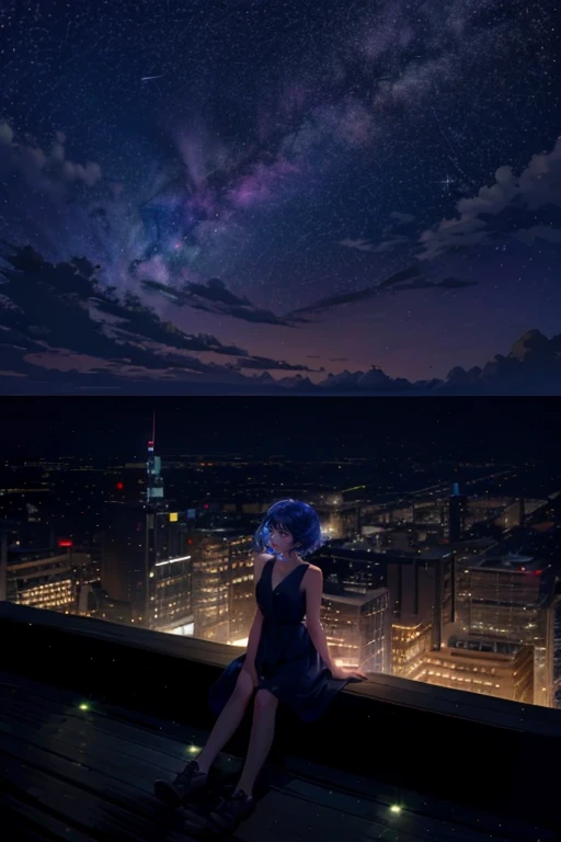 1girl,solo,cool,brilliant eye,outdoor,building,rooftop,sitting, look up at the sky,faw away,at night,octans,starry sky,milky way, fanxing ,city view,